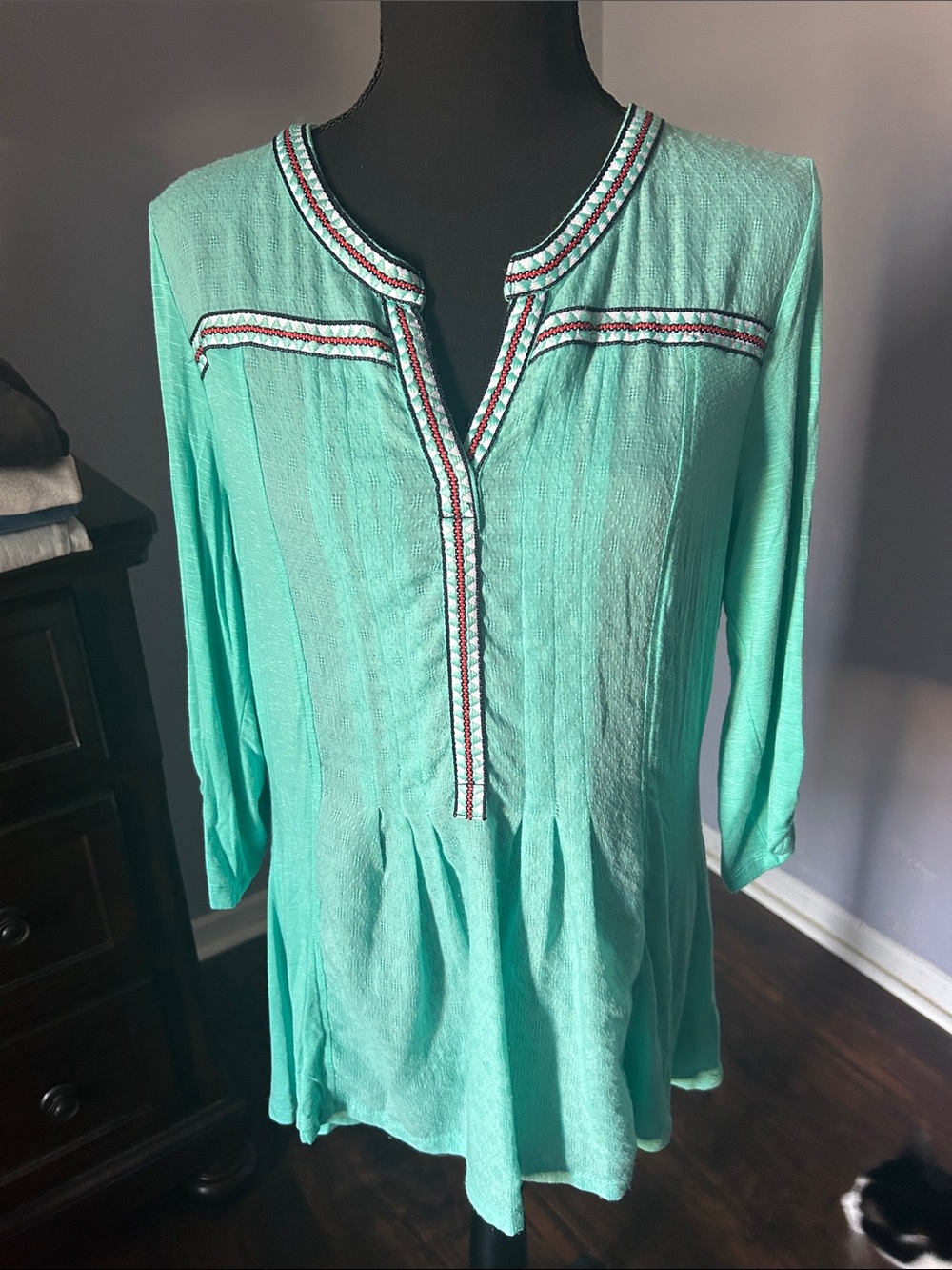 Westbound Light Teal Embroidered Notch-Neck Women's Tunic Size Large